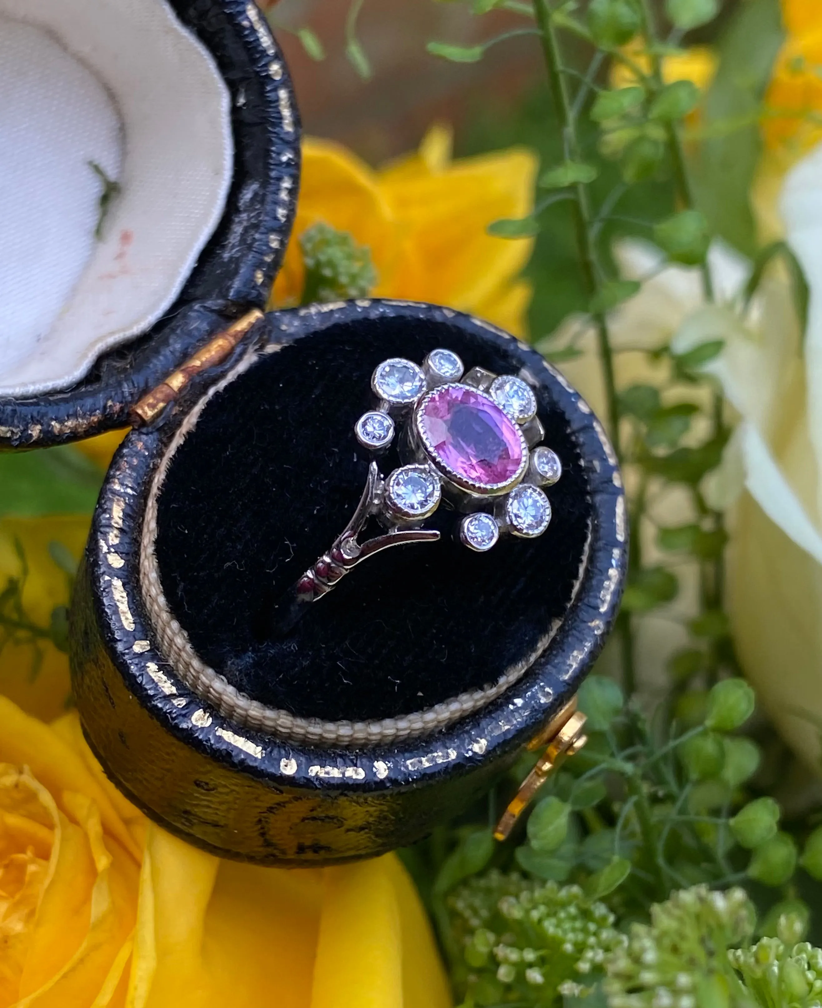 Edwardian Style Pink Sapphire and Diamond Platinum Cluster Ring 0.30ct   0.80ct