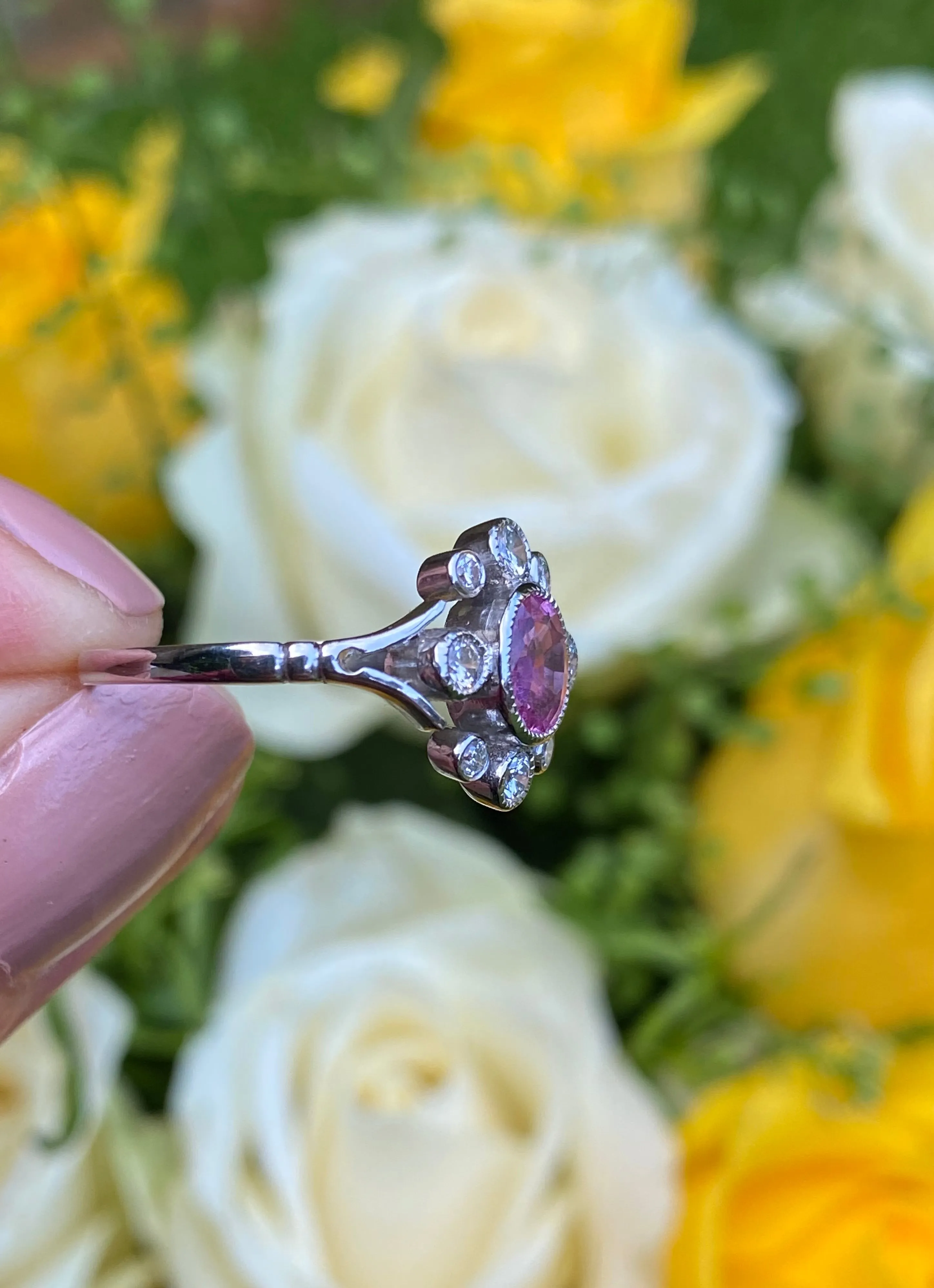 Edwardian Style Pink Sapphire and Diamond Platinum Cluster Ring 0.30ct   0.80ct