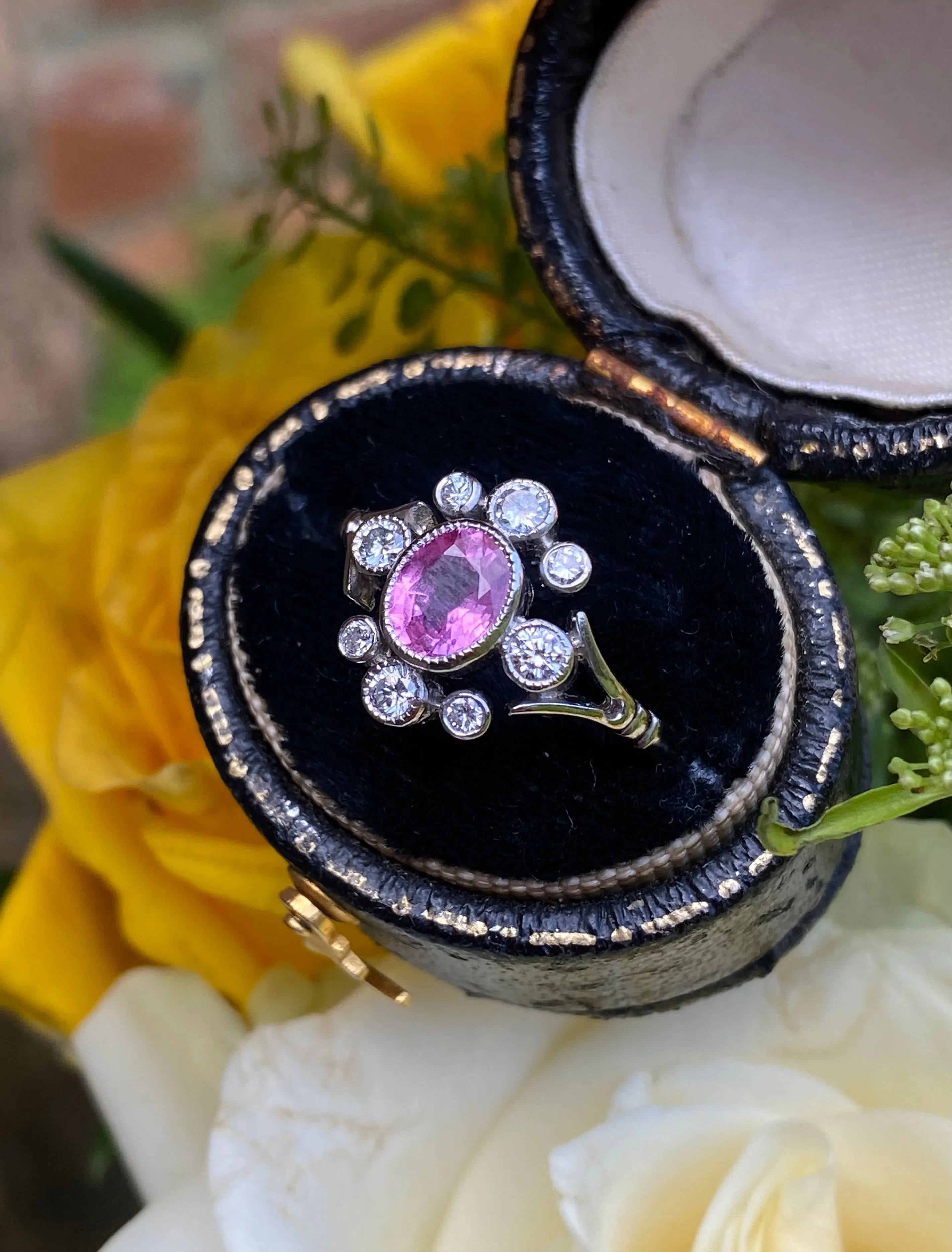 Edwardian Style Pink Sapphire and Diamond Platinum Cluster Ring 0.30ct   0.80ct