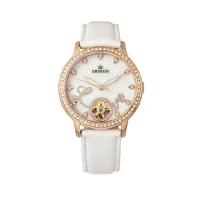 Empress Quinn Automatic MOP Semi-Skeleton Dial Leather-Band Watch - White