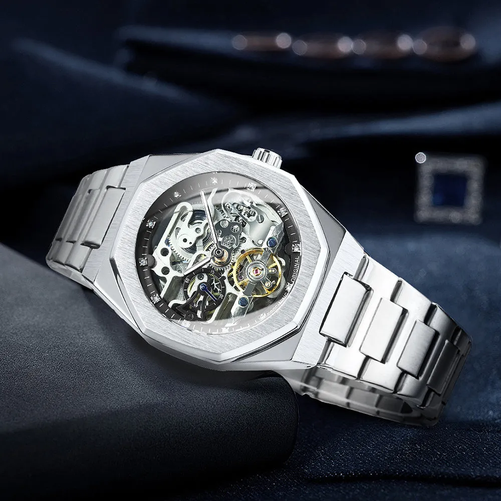 Fashion Tourbillion Skeleton Automatic Mechanical Watch for Men Luminous Hands Luxury Stainless Steel Strap Forsining Mens Watches