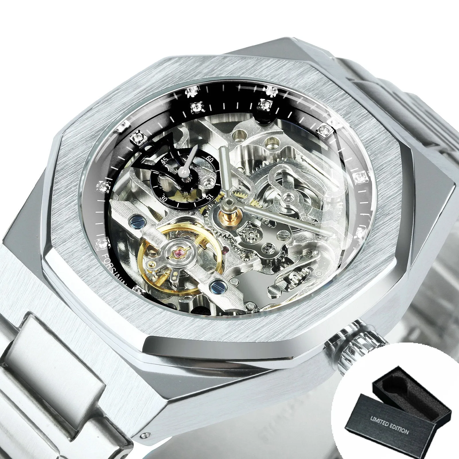 Fashion Tourbillion Skeleton Automatic Mechanical Watch for Men Luminous Hands Luxury Stainless Steel Strap Forsining Mens Watches