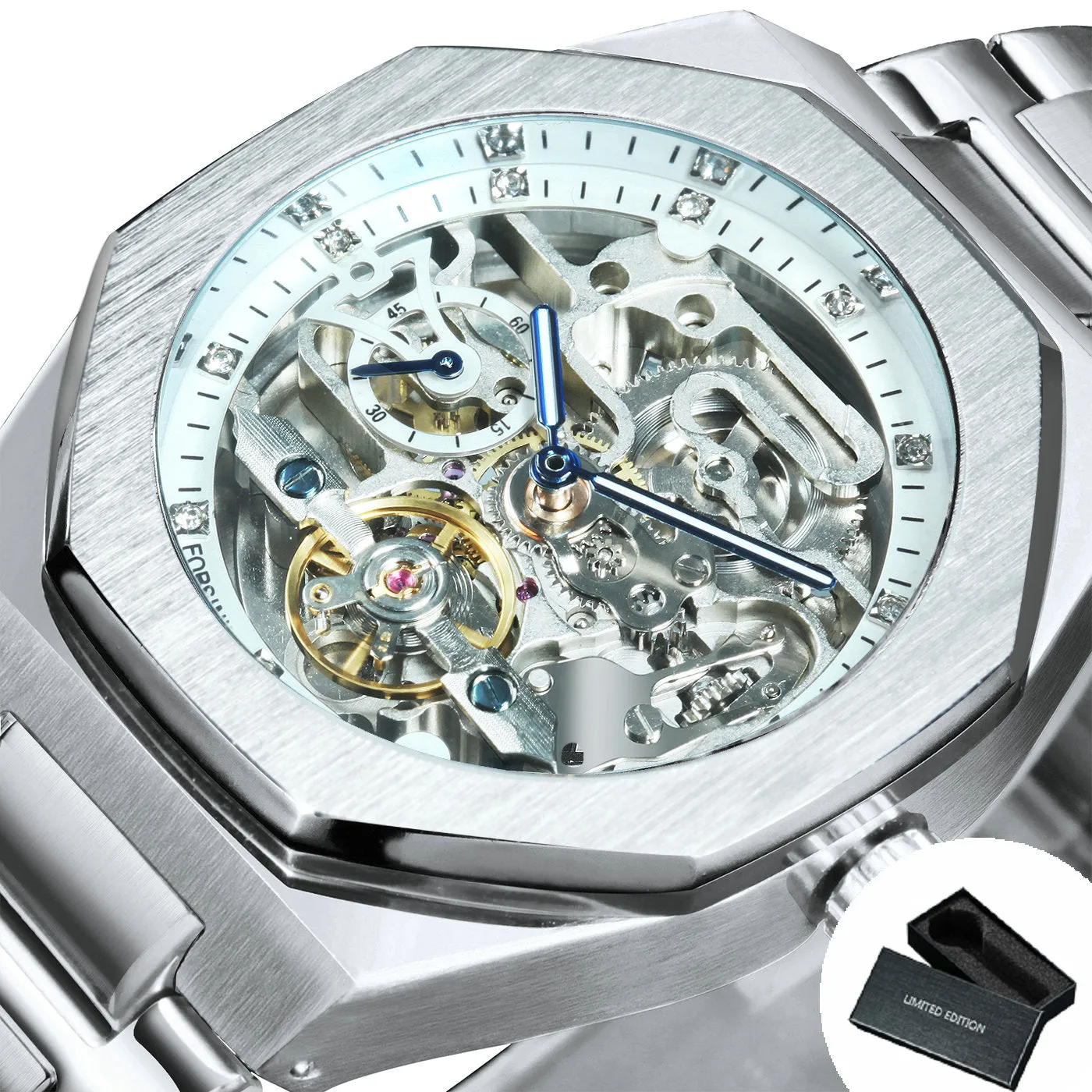 Fashion Tourbillion Skeleton Automatic Mechanical Watch for Men Luminous Hands Luxury Stainless Steel Strap Forsining Mens Watches