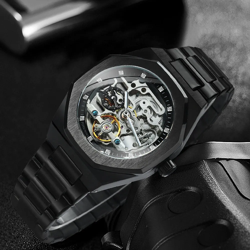 Fashion Tourbillion Skeleton Automatic Mechanical Watch for Men Luminous Hands Luxury Stainless Steel Strap Forsining Mens Watches