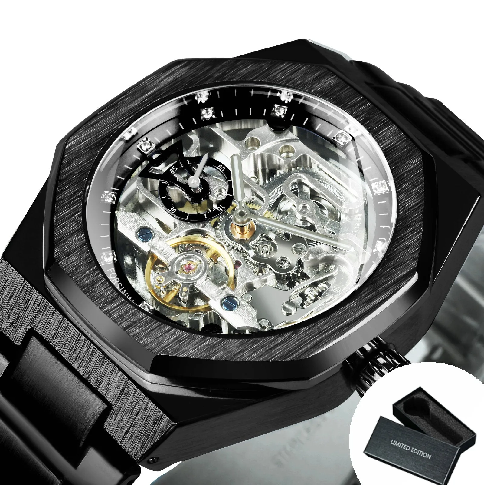 Fashion Tourbillion Skeleton Automatic Mechanical Watch for Men Luminous Hands Luxury Stainless Steel Strap Forsining Mens Watches
