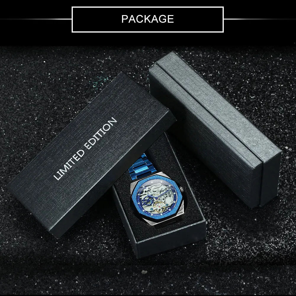 Fashion Tourbillion Skeleton Automatic Mechanical Watch for Men Luminous Hands Luxury Stainless Steel Strap Forsining Mens Watches