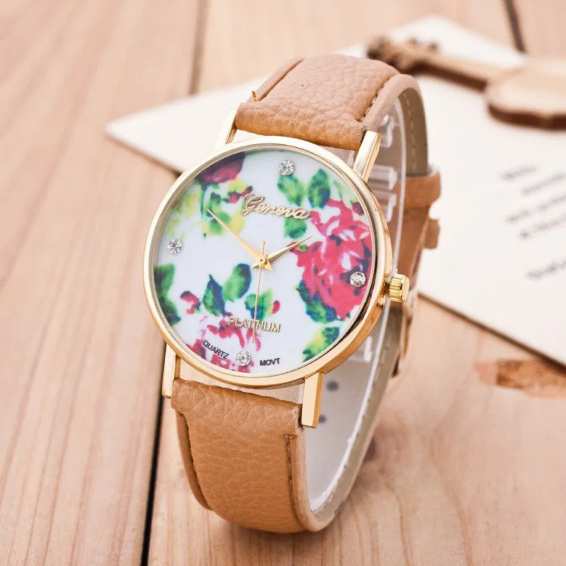 Floral Print Crystal Fashion Watch