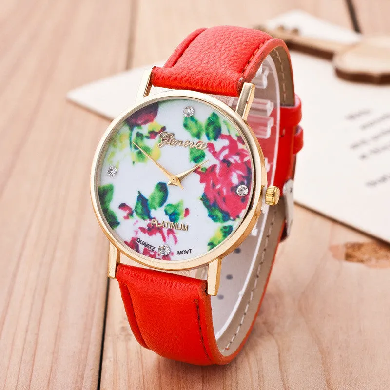 Floral Print Crystal Fashion Watch