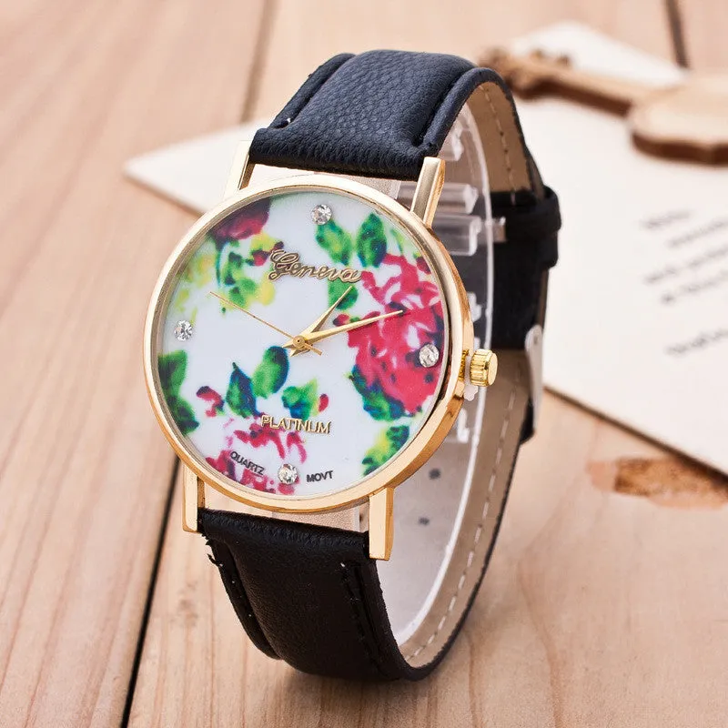Floral Print Crystal Fashion Watch