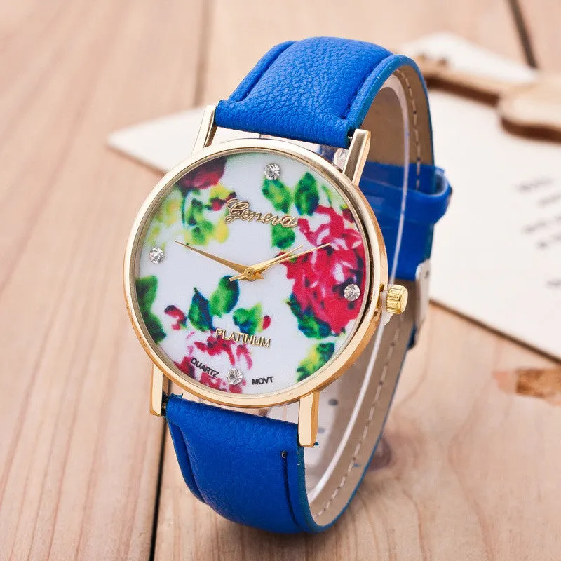 Floral Print Crystal Fashion Watch