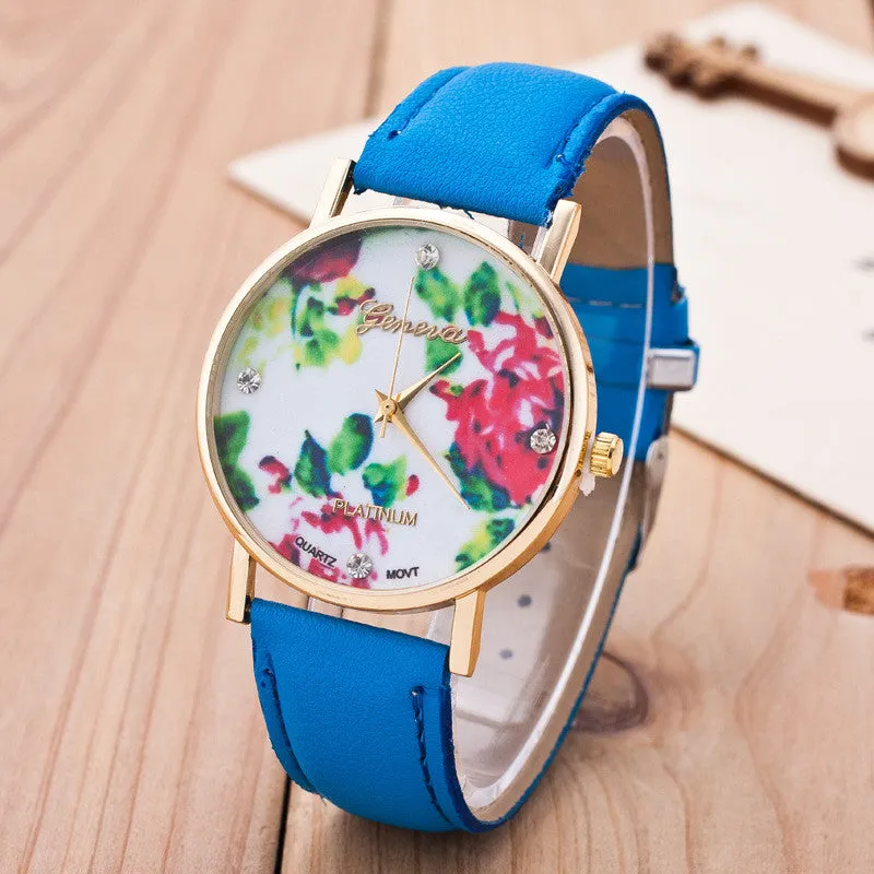 Floral Print Crystal Fashion Watch