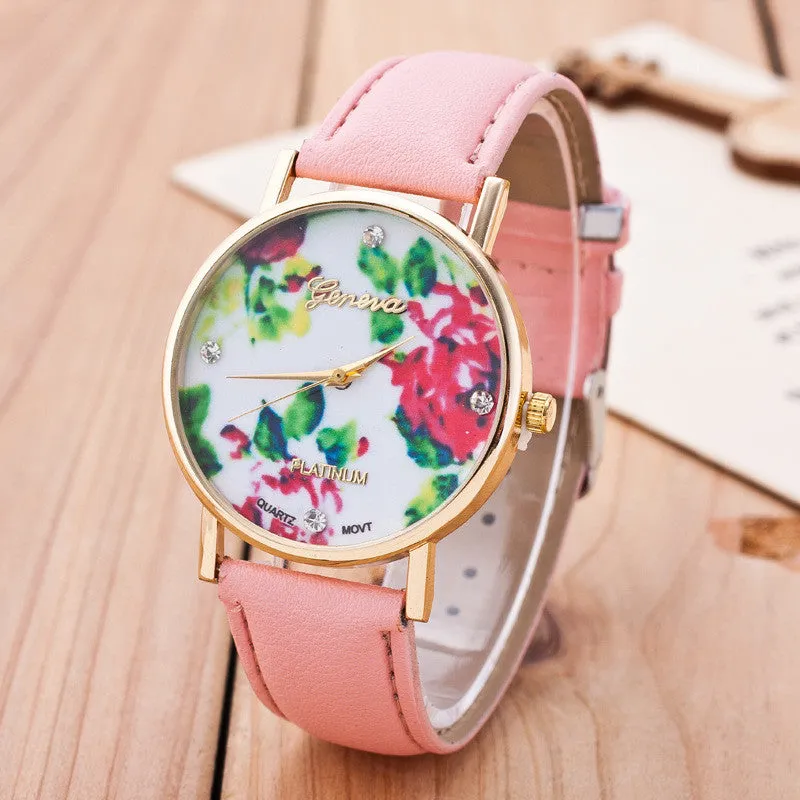 Floral Print Crystal Fashion Watch