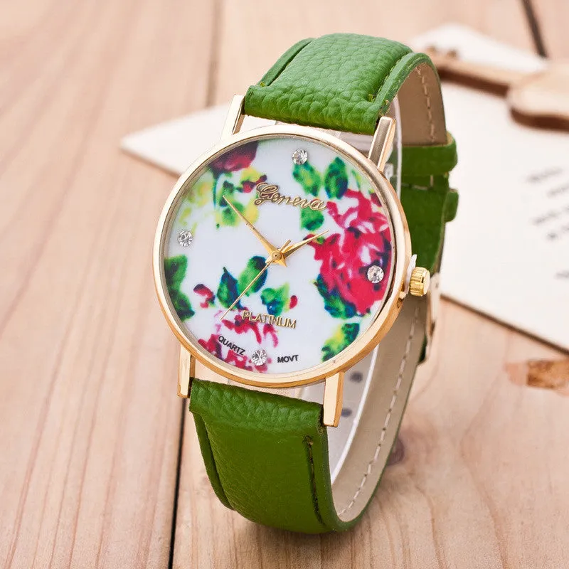 Floral Print Crystal Fashion Watch