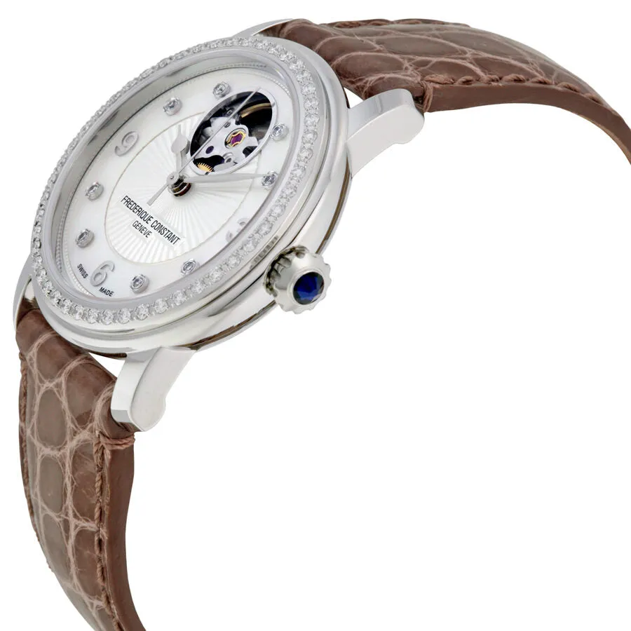 Frederique Constant Heart Beat Automatic Mother of Pearl Diamond Dial Brown Leather Ladies Watch FC-310HBAD2PD4 FC-310HBAD2PD6