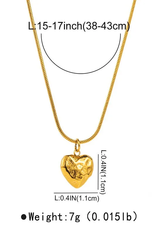 Gold Stainless Steel Hammered Heart Pendant Necklace