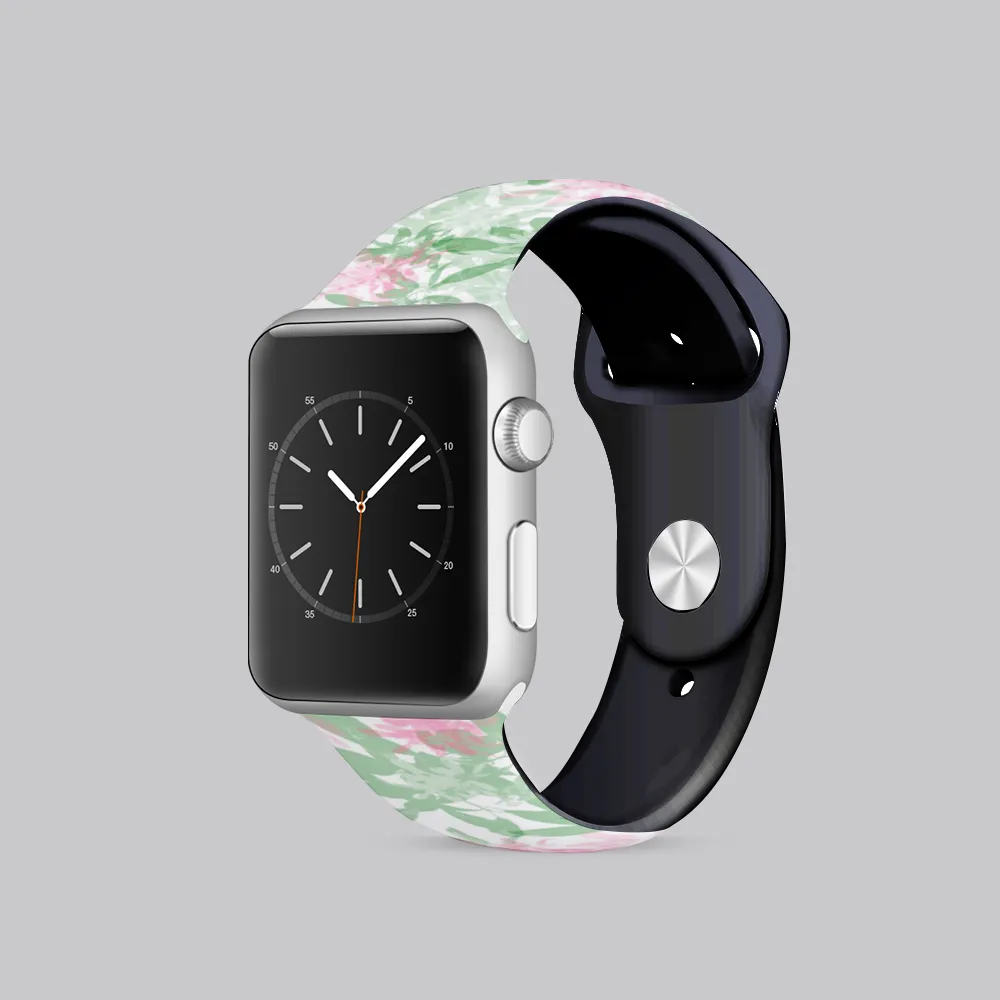 Green & Pink Leaves Apple iWatch Replacement Strap TPU Rubber (FWS)