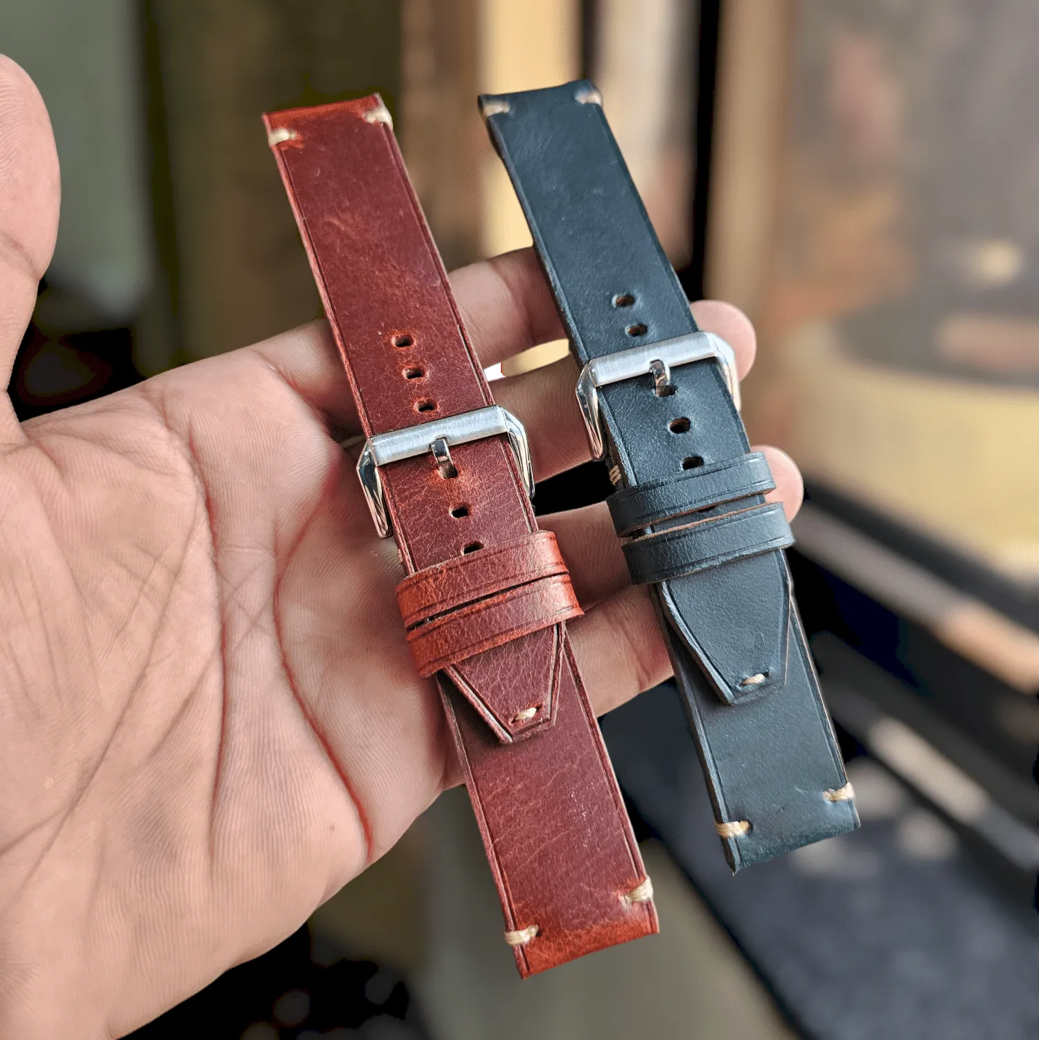 Handmade tobacco brown leather strap