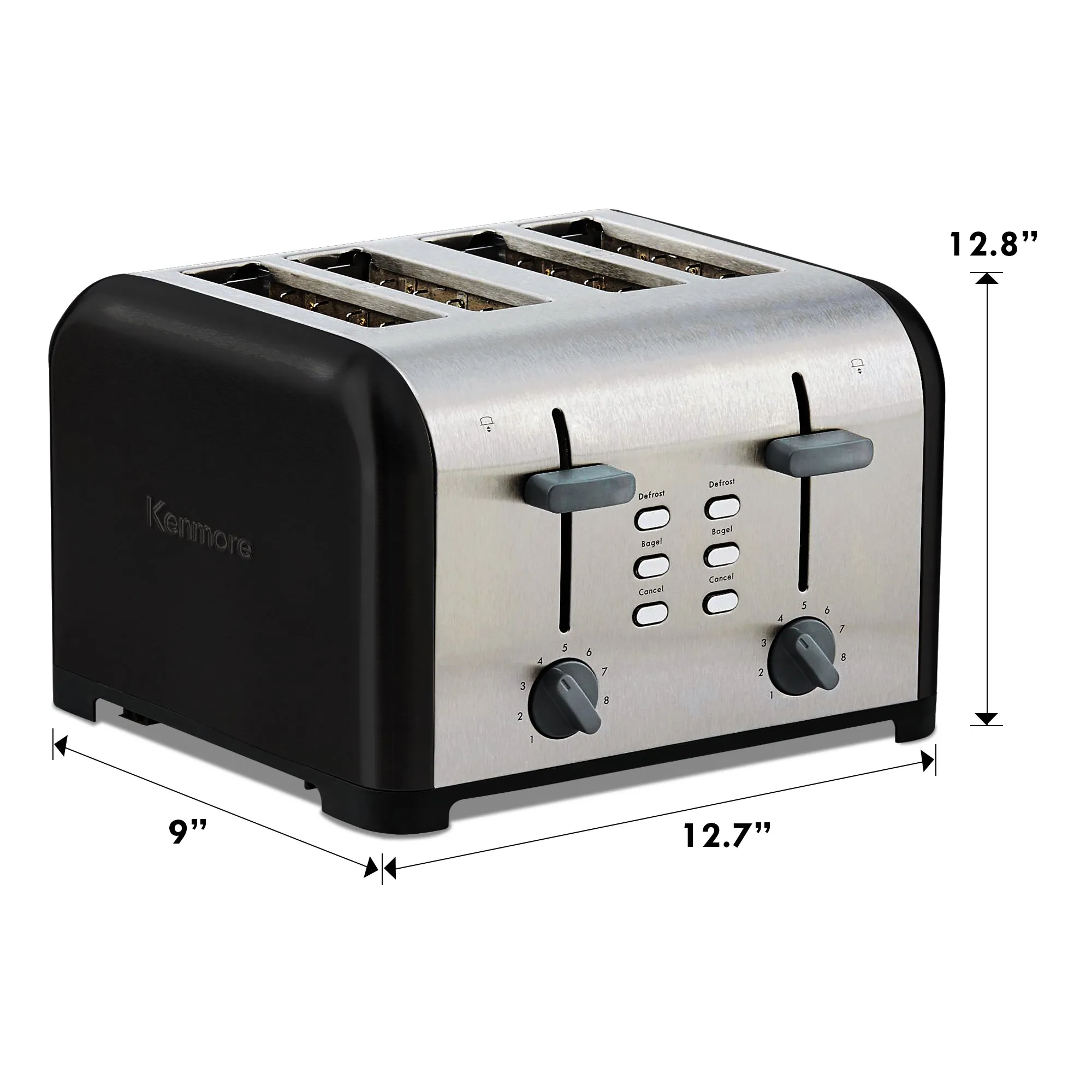 Kenmore 4-Slice Toaster, Black Stainless Steel, Dual Controls, Extra Wide Slots, Bagel and Defrost Functions, 9 Browning Levels, Removable Crumb Trays, for Bread, Toast, English Muffin, Toaster Strudel