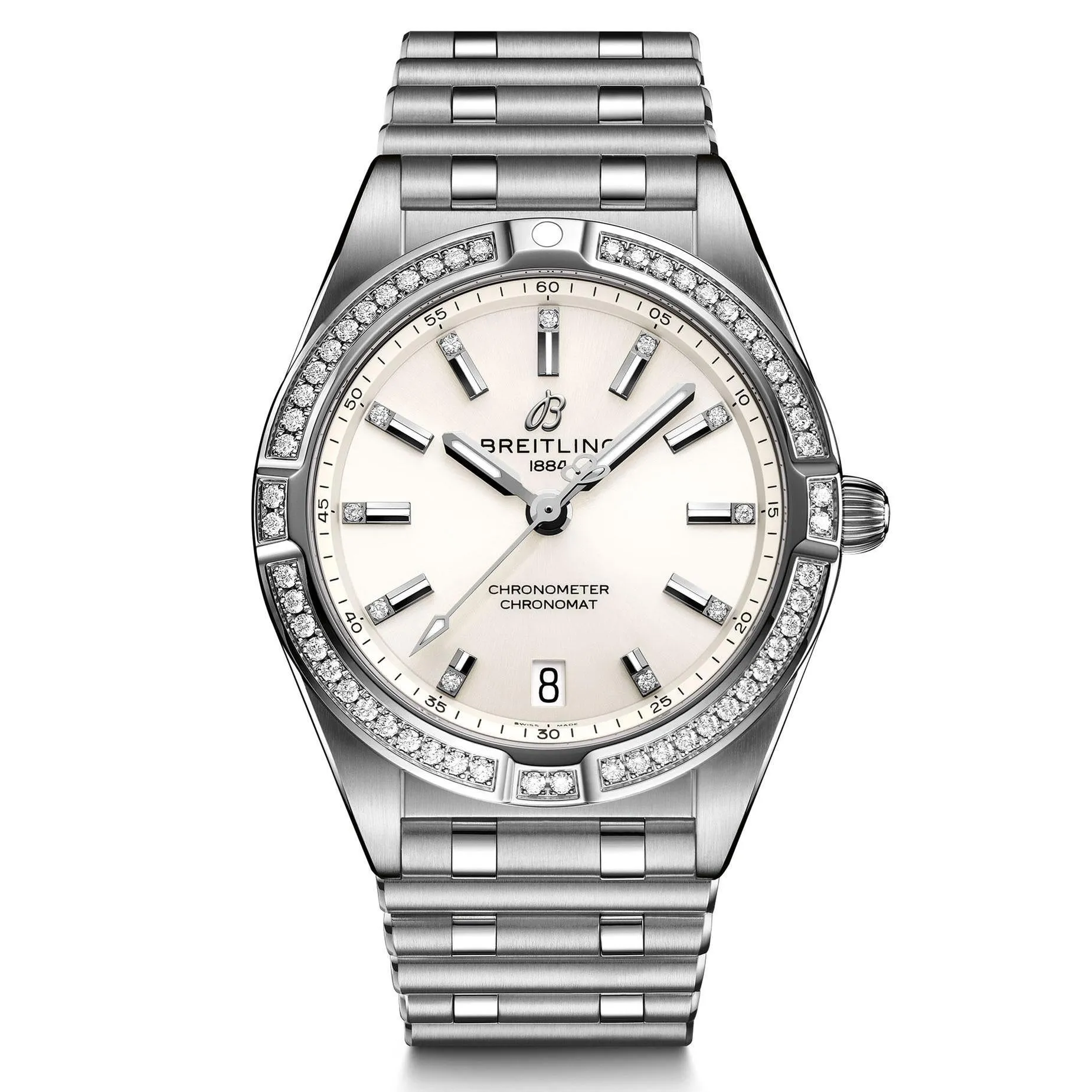 Ladies' Breitling Chronomat 32 Diamond Bezel White and Diamond Dial Stainless Steel Watch A77310591A1A1