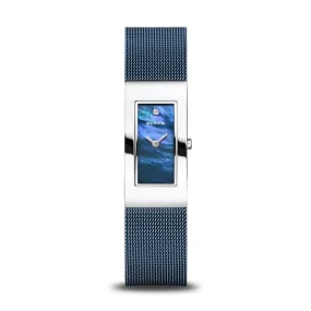 Ladies Classic Polished Silver w/ Blue Mother-of-Pearl Rectangle Dial & Milanese Strap