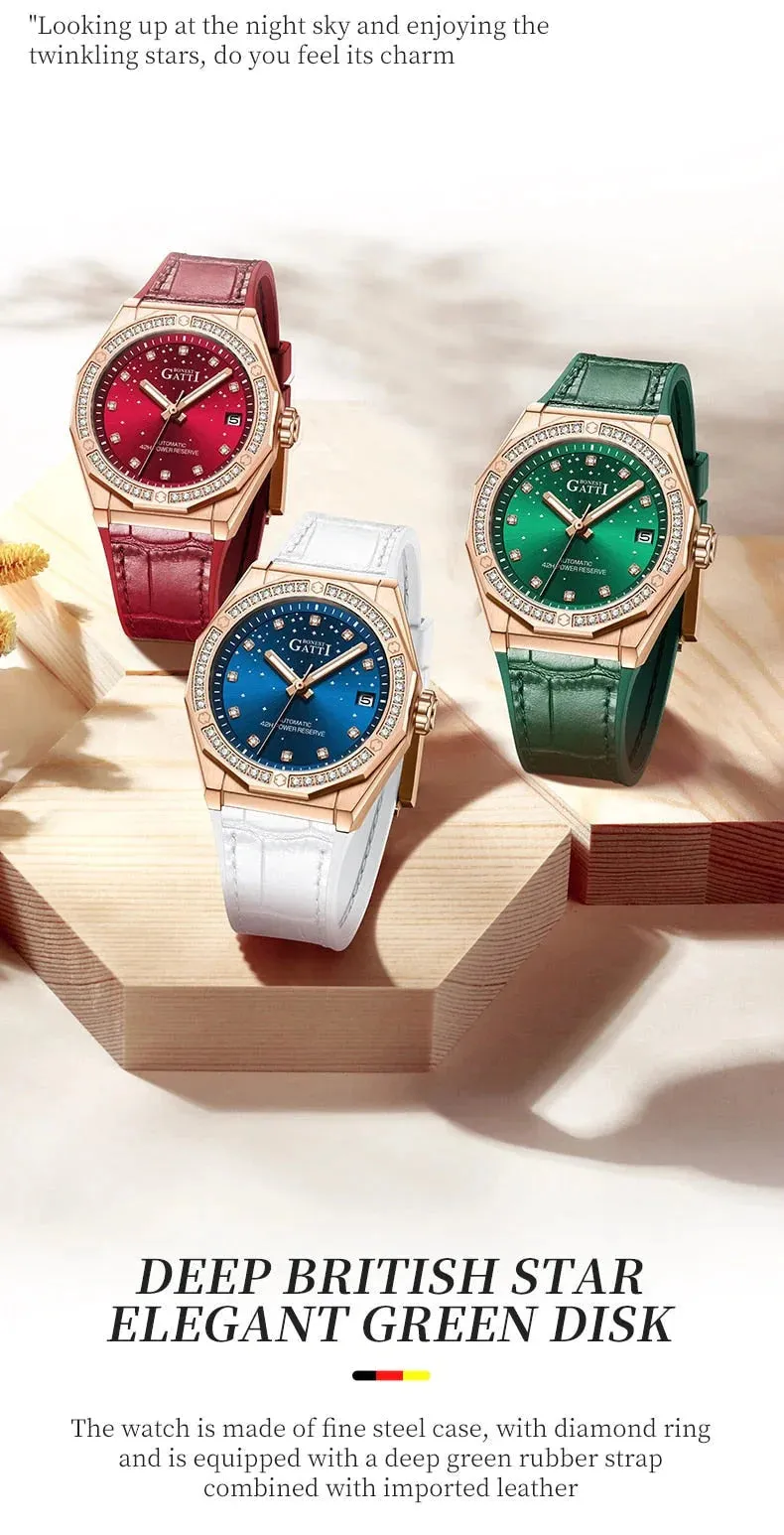 Ladies Fashion Charm Mechanical Automatic Skeleton Waterproof Starry Night Watches