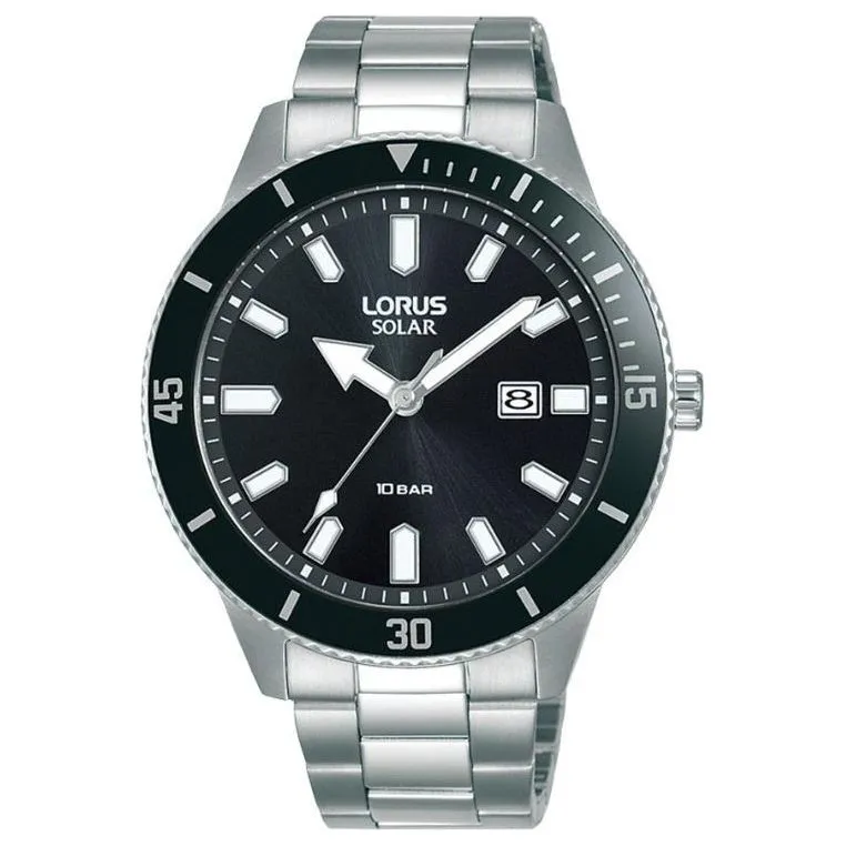 Lorus Men's Solar Watch with Date, Stainless Steel Band, Black Dial RX311AX9