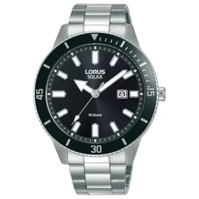 Lorus Men's Solar Watch with Date, Stainless Steel Band, Black Dial RX311AX9