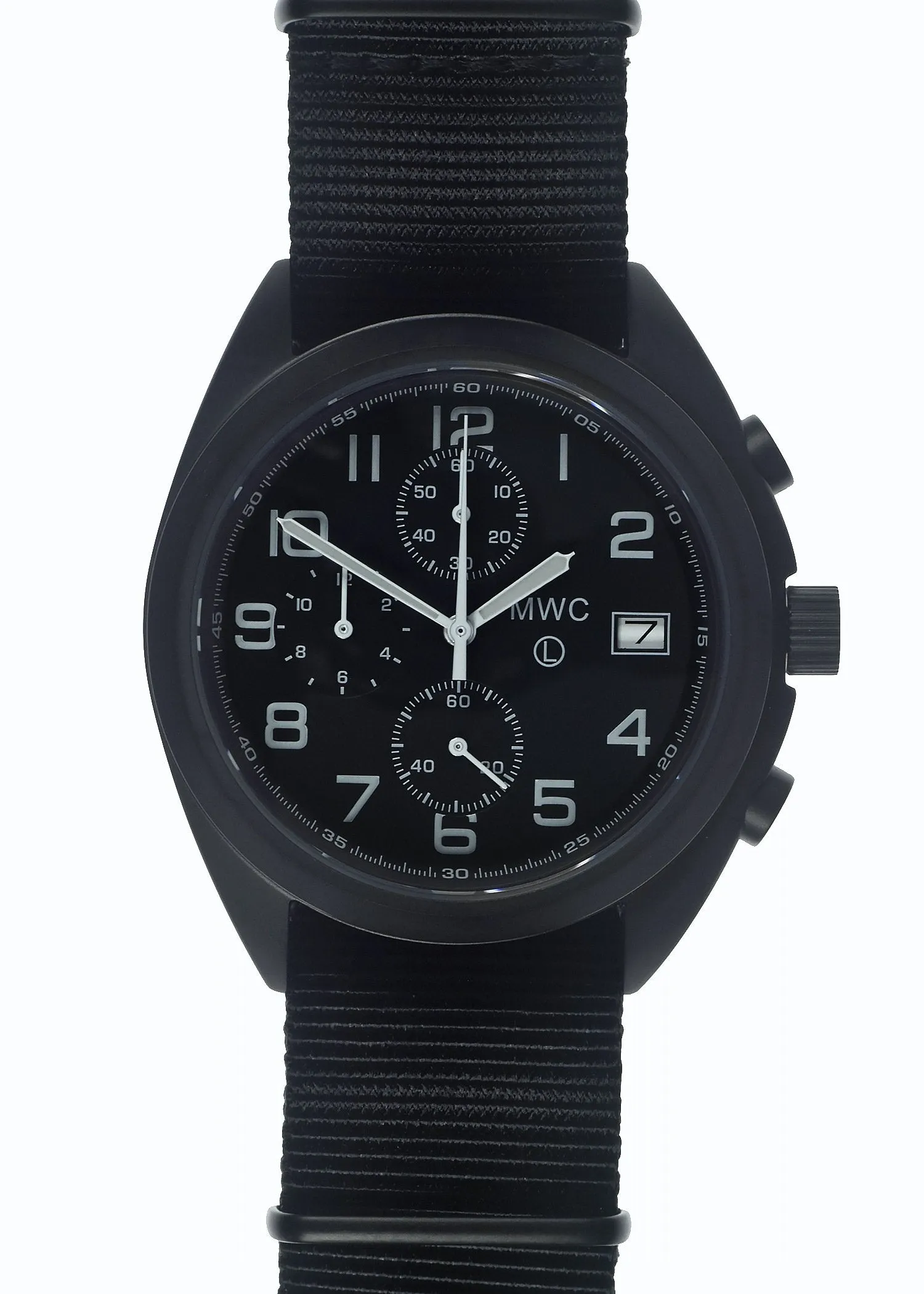 MWC Mechanical/Quartz Hybrid NATO Pattern Military Pilots Chronograph in Non Reflective Black PVD Finish with Sapphire Crystal