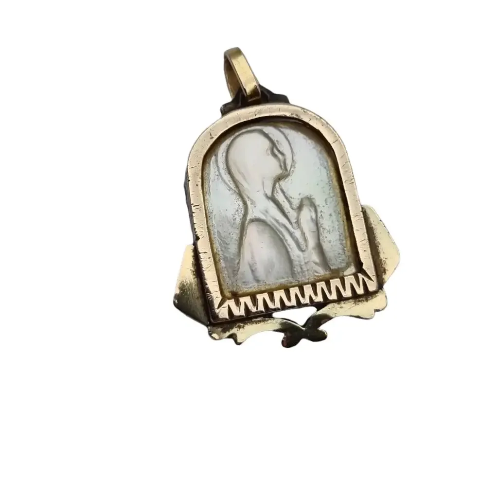 Old art deco religious medal. Mother-of-pearl cameo. Gilt silver medal.