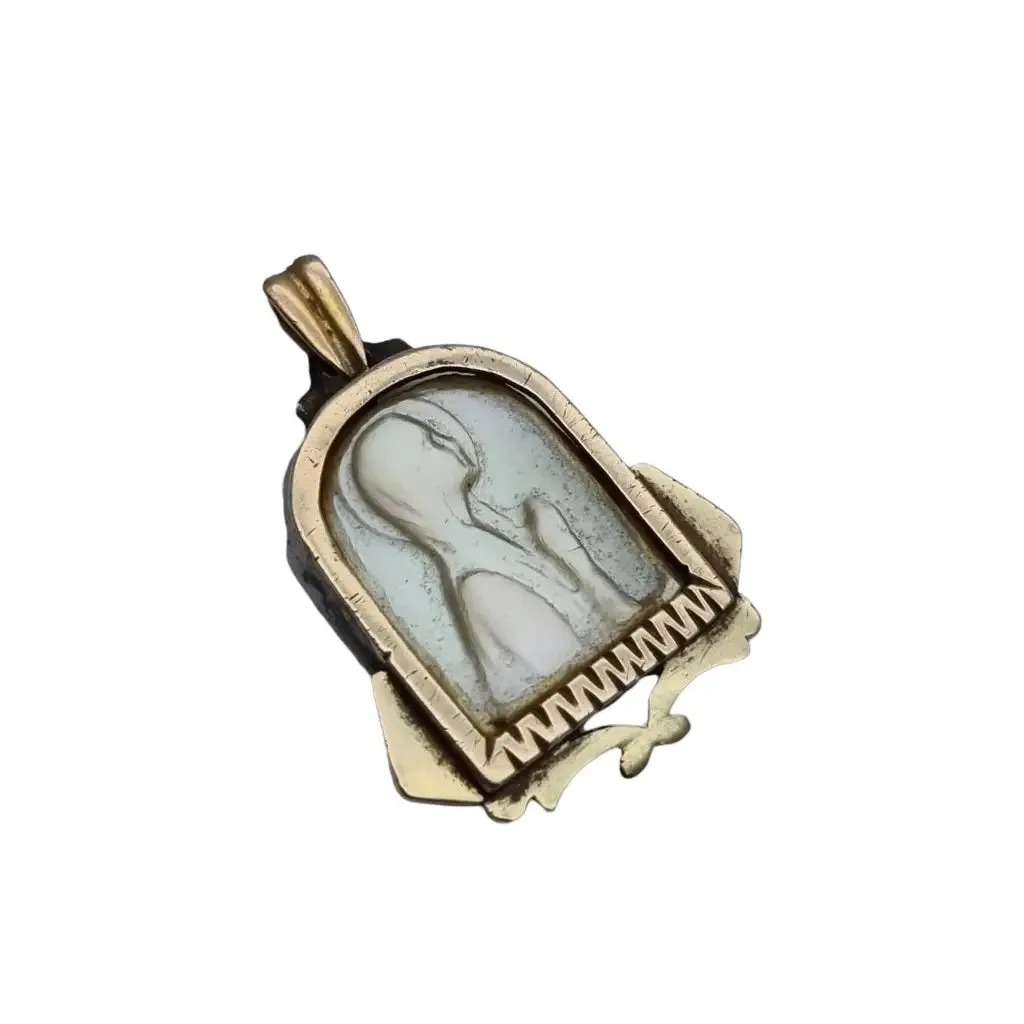 Old art deco religious medal. Mother-of-pearl cameo. Gilt silver medal.