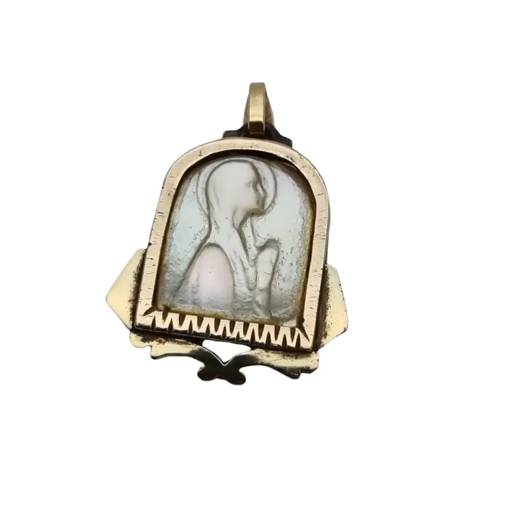 Old art deco religious medal. Mother-of-pearl cameo. Gilt silver medal.