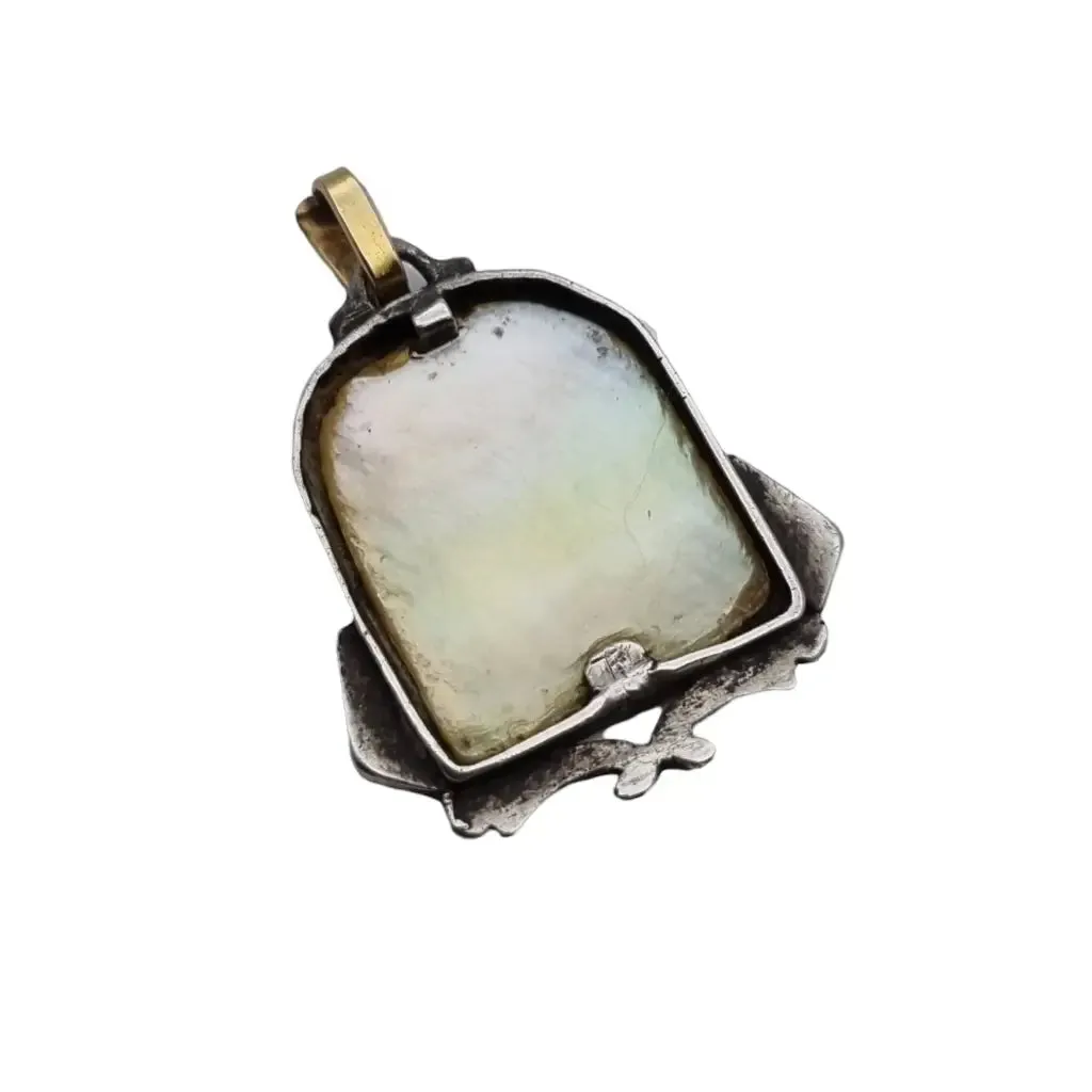 Old art deco religious medal. Mother-of-pearl cameo. Gilt silver medal.