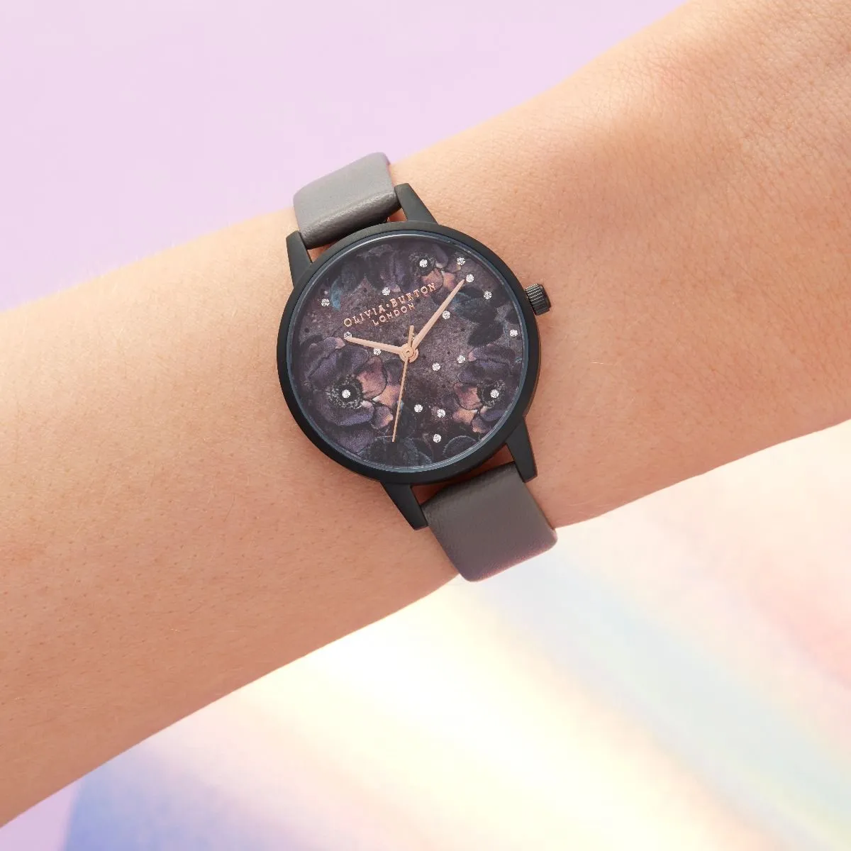 Olivia Burton Black Celestial Watch With A Grey Leather Strap