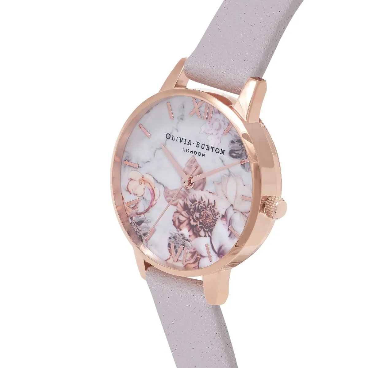 Olivia Burton Rose Gold Plate Marble Florals Watch With A Lilac Leather Strap
