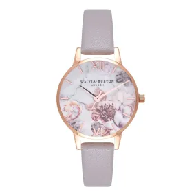 Olivia Burton Rose Gold Plate Marble Florals Watch With A Lilac Leather Strap