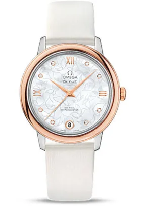 Omega De Ville Prestige Co-Axial Watch - 32.7 mm Steel Case - Red Gold Bezel - Mother-Of-Pearl Diamond Dial - White Satin-Brushed Leather Strap - 424.22.33.20.55.001