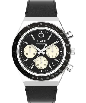 Q Timex Chronograph 40mm Leather Strap Watch - Black