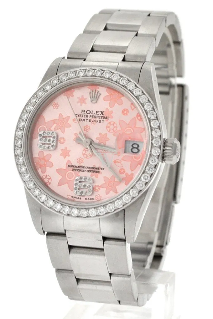 Rolex Custom Datejust 31 Pink Floral Diamond Dial Diamond Bezel Ladies Watch