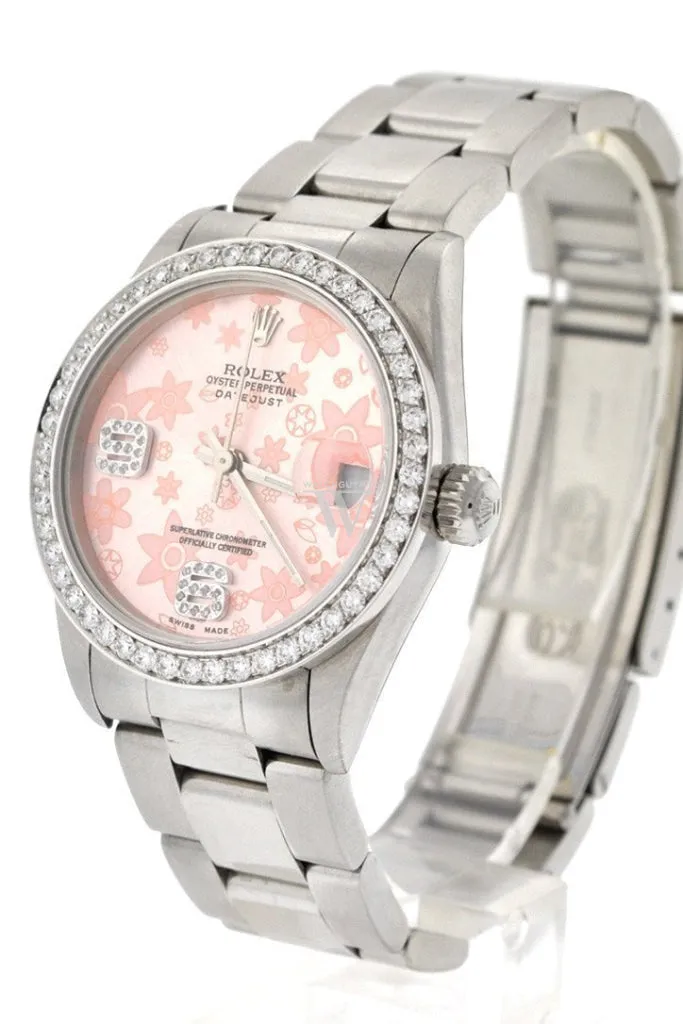 Rolex Custom Datejust 31 Pink Floral Diamond Dial Diamond Bezel Ladies Watch