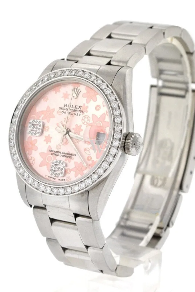 Rolex Custom Datejust 31 Pink Floral Diamond Dial Diamond Bezel Ladies Watch