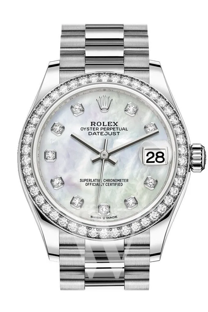 Rolex Datejust 31 Mother of Pearl Diamond Dial Ladies 18kt White Gold President Watch 278289MDP