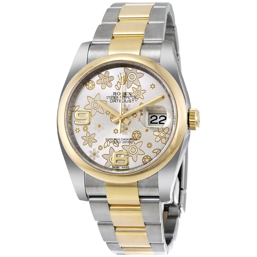 Rolex Datejust 36 Silver Floral Dial Stainless Steel and 18K Yellow Gold Oyster Bracelet Automatic Unisex Watch 116203SFO