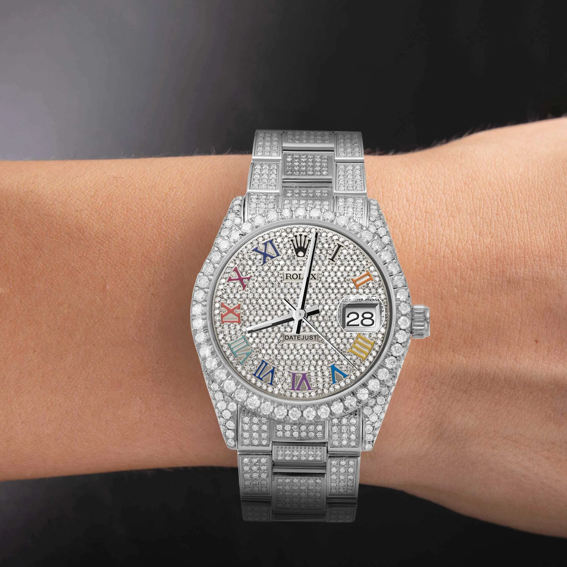 Rolex Datejust Diamond Bezel Watch 36mm Rainbow Roman Dial | 11ct