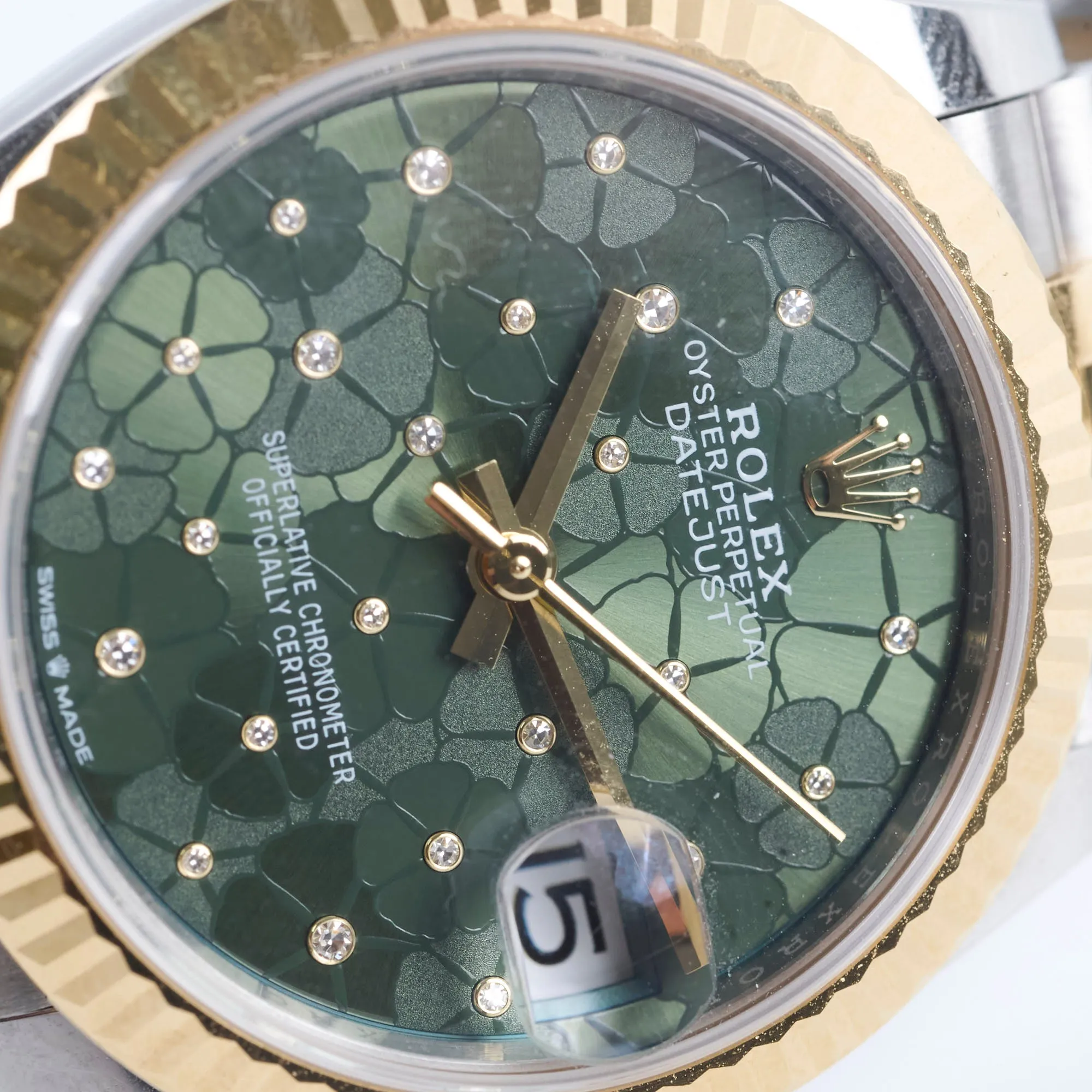 Rolex Datejust Oyster Perpectual Two Tone 31mm Floral Motif with Diamonds Watch Green