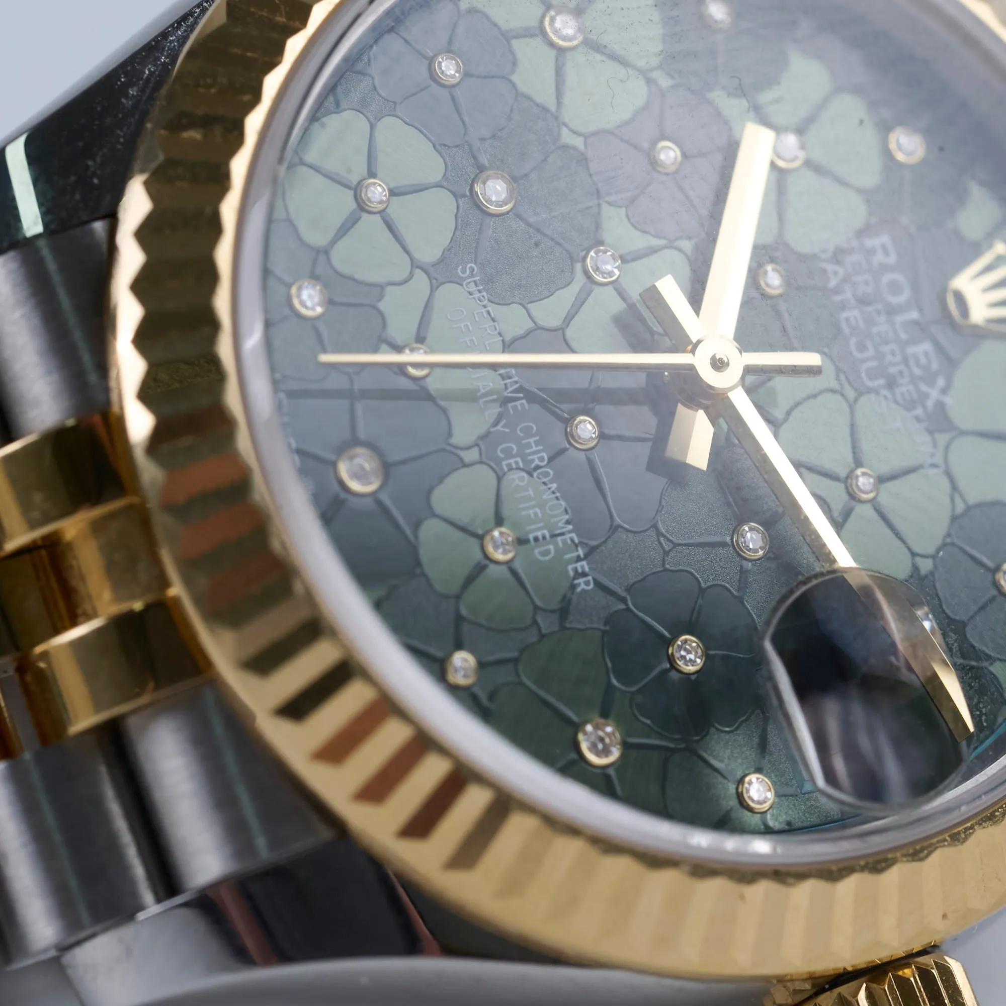 Rolex Datejust Oyster Perpectual Two Tone 31mm Floral Motif with Diamonds Watch Green