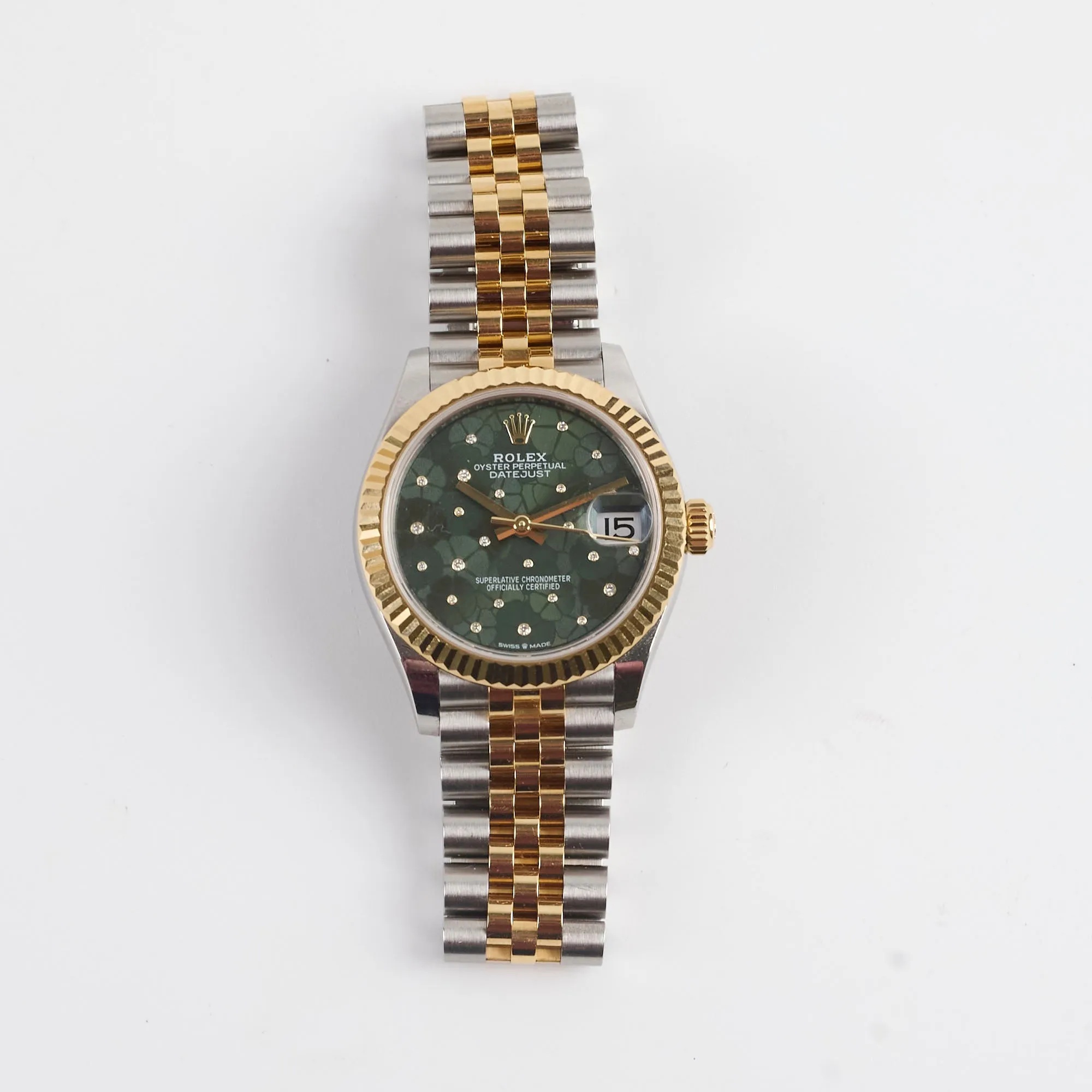 Rolex Datejust Oyster Perpectual Two Tone 31mm Floral Motif with Diamonds Watch Green