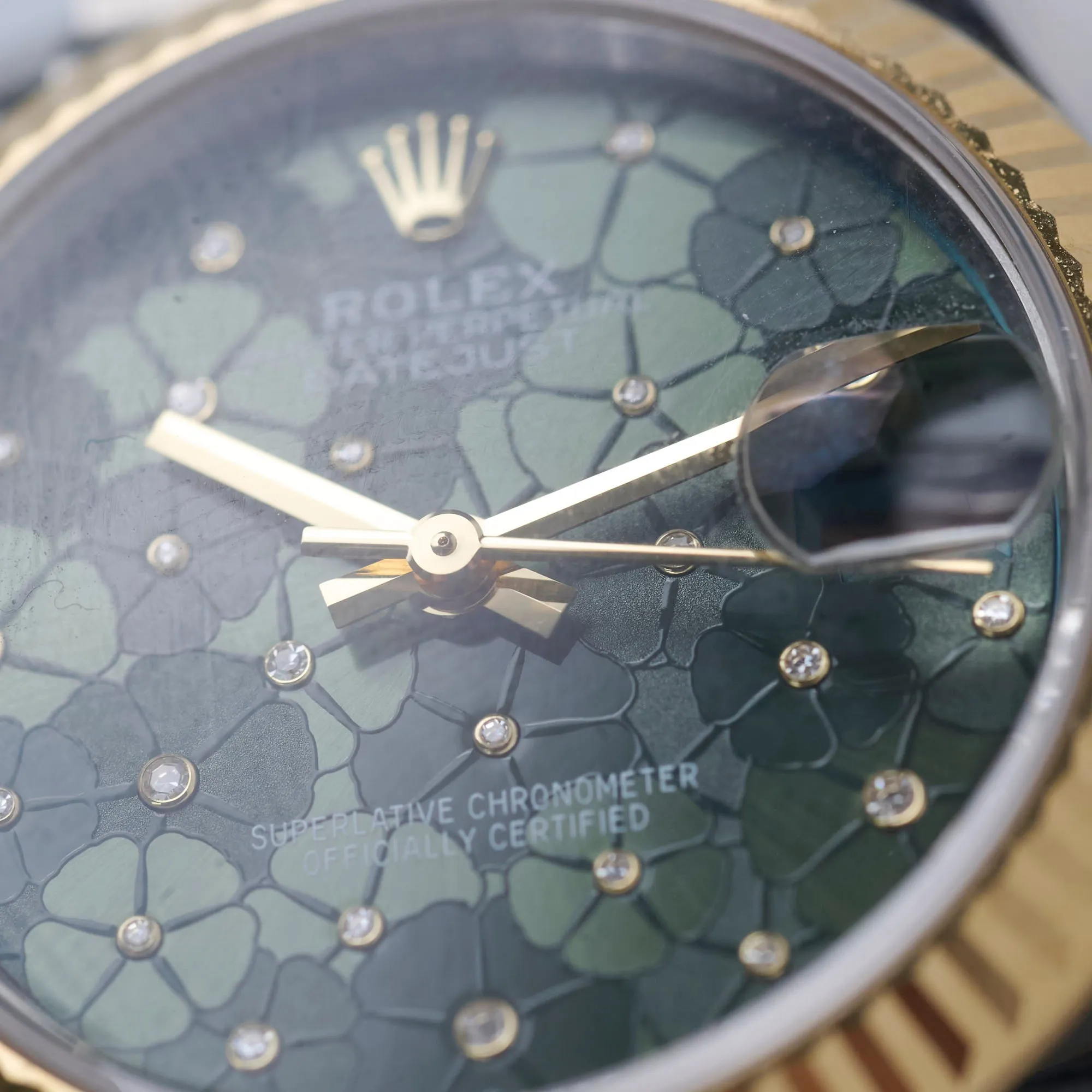 Rolex Datejust Oyster Perpectual Two Tone 31mm Floral Motif with Diamonds Watch Green