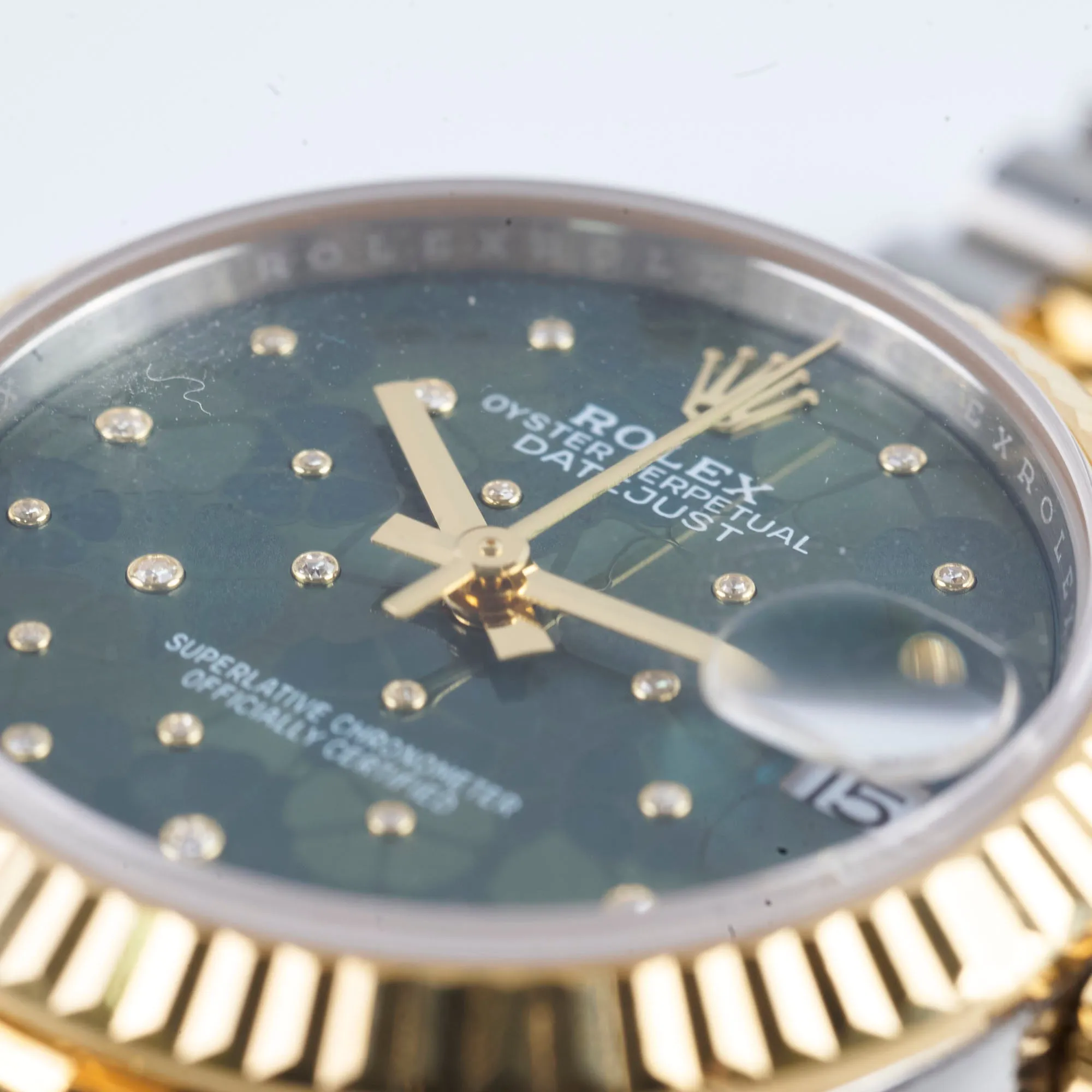 Rolex Datejust Oyster Perpectual Two Tone 31mm Floral Motif with Diamonds Watch Green