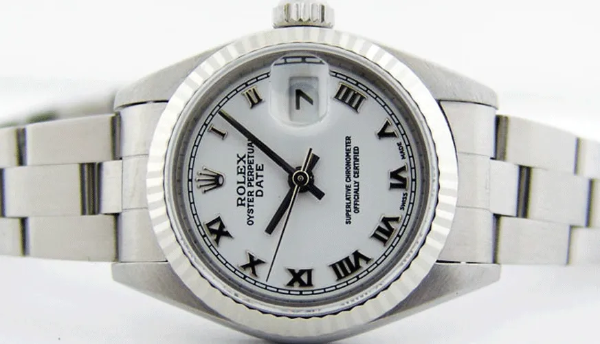 ROLEX Ladies 26mm 18kt White Gold & Stainless Steel DateJust White Roman Model 69174