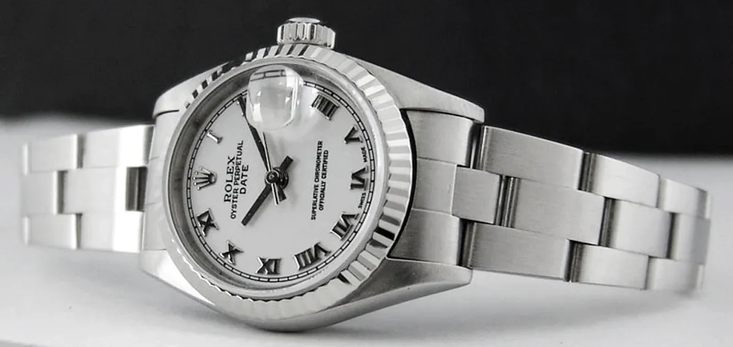 ROLEX Ladies 26mm 18kt White Gold & Stainless Steel DateJust White Roman Model 69174